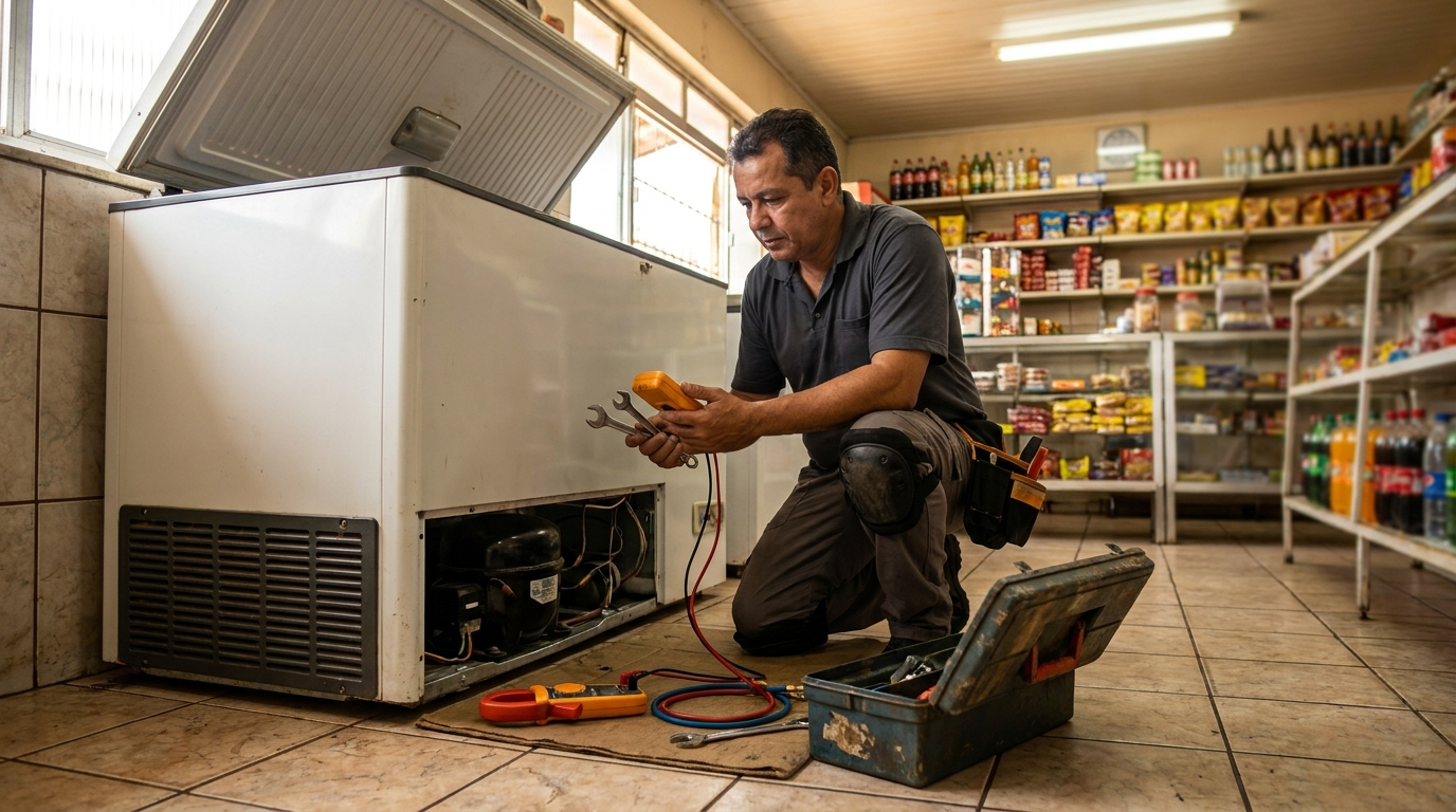 Técnico realizando manutenção de motor de freezer em Campos dos Goytacazes‑RJ