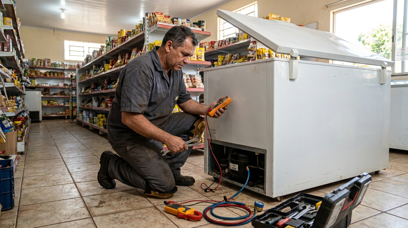 Troca de termostato de freezer em atendimento técnico em Campos dos Goytacazes‑RJ